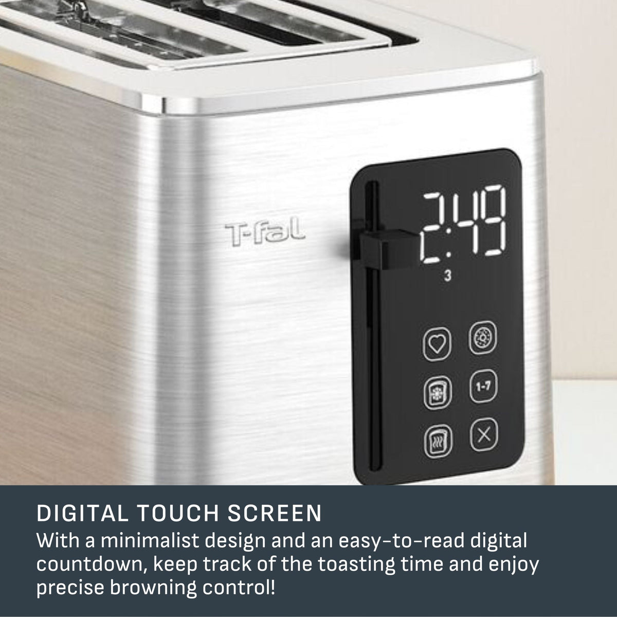 T-fal 2-Slice Stainless Steel Digital Toaster, Extra wide slots, 7 Browning levels