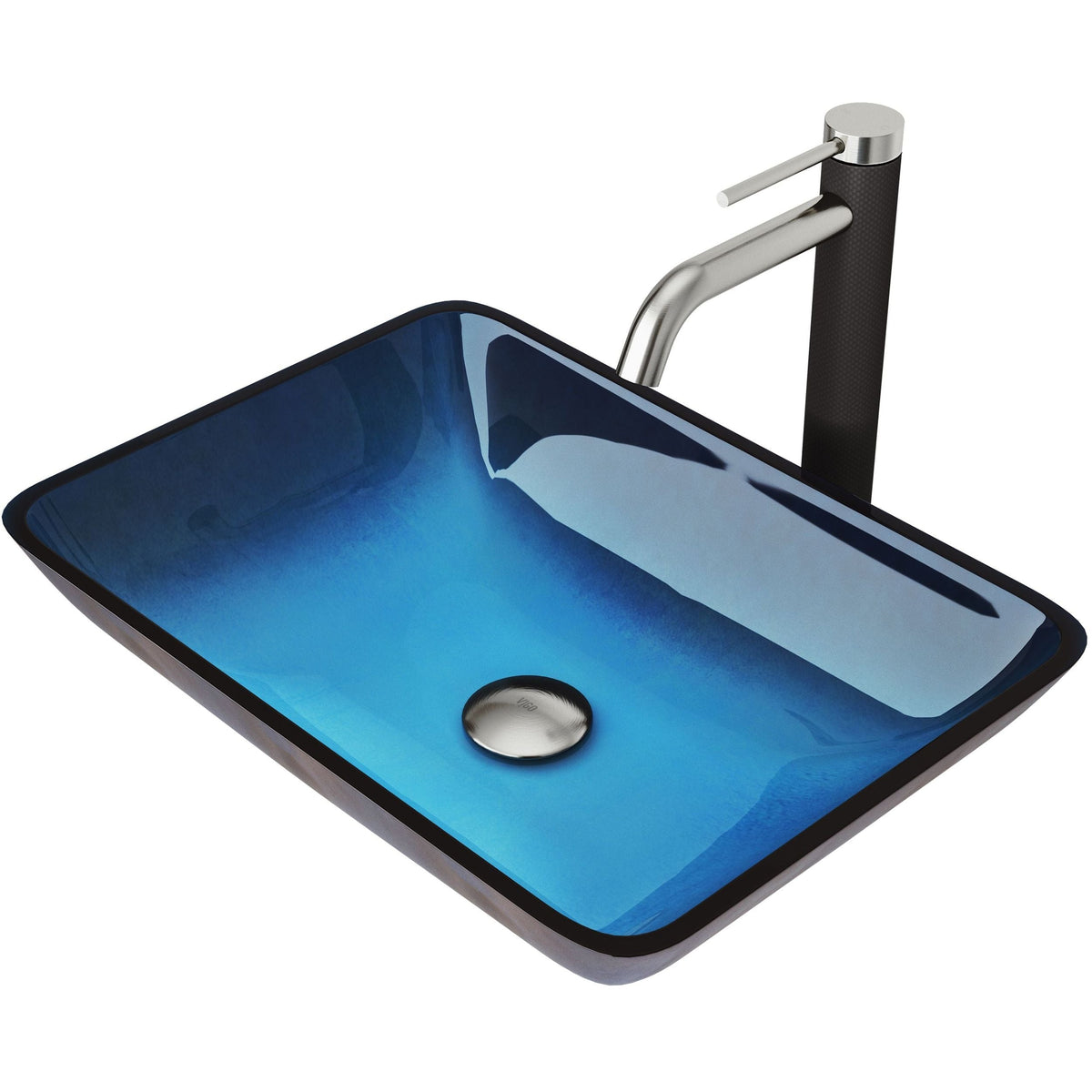 VIGO Glass Turquoise Water Bathroom Sink/Basin Set with Lexington Faucet and Rectangular Vessel