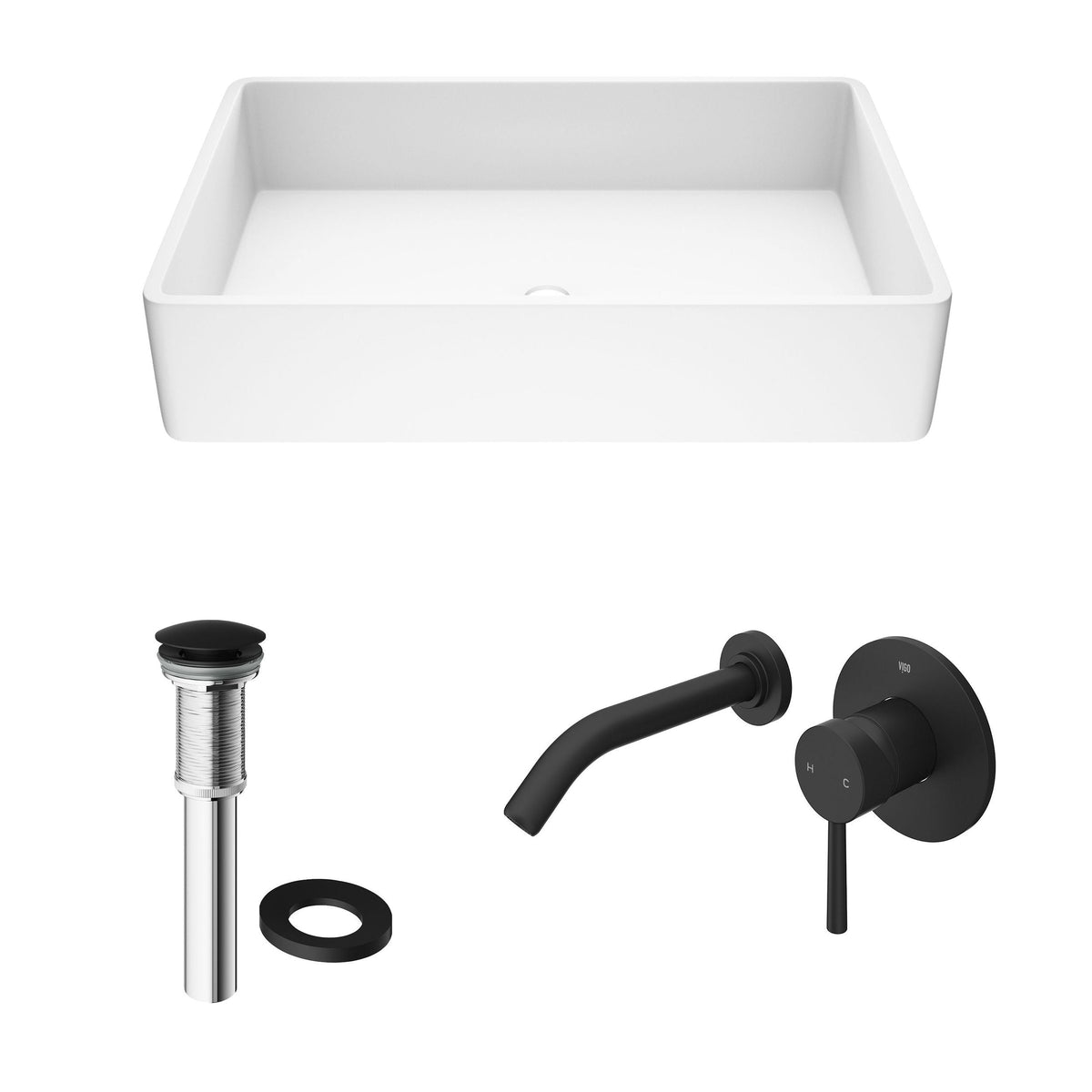 VIGO Magnolia MatteStone White Bathroom Sink/Basin Set with Olus Wall Mount Faucet and Rectangular Composite Vessel