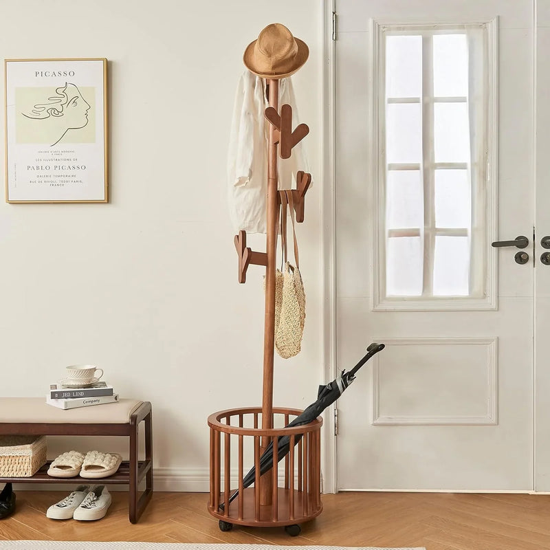 Wood Coat Rack Freestanding - Wooden Coat Tree Hat Rack with 12 Hooks, Clothes Coats Hanger Stand Rolling Racks with Umbrella Holder Wheels for Bedroom Entryway Hallway Livingroom (Walnut) M7