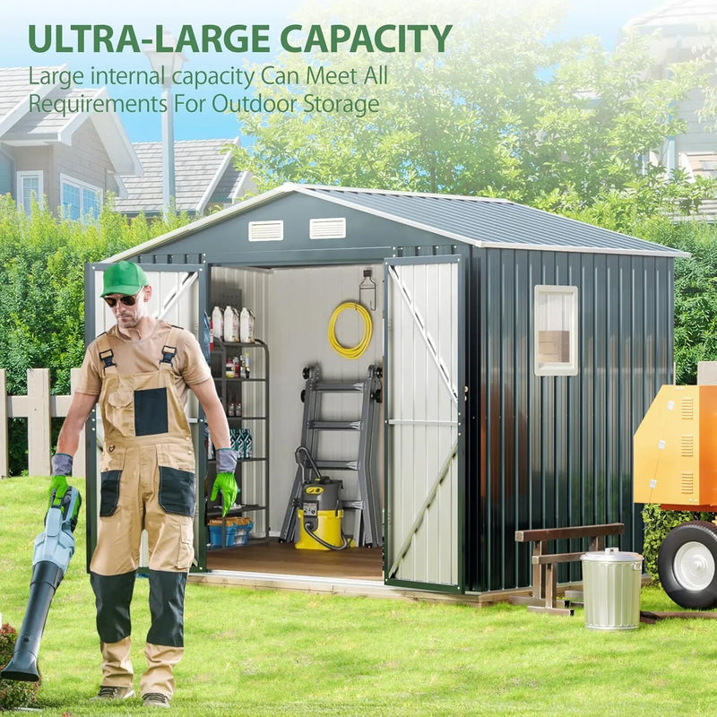 8x6FT Outdoor Steel Storage Shed with Clear Window, Lockable Doors, Weather-Resistant Metal Tool Shed for Garden, Backyard, Patio, and Utility Storage S6