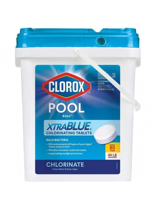 Clorox Xtra Blue 40 Pound 80 Tab Pool and Spa 3 Inch Long Lasting Chlorinating Tablets R9