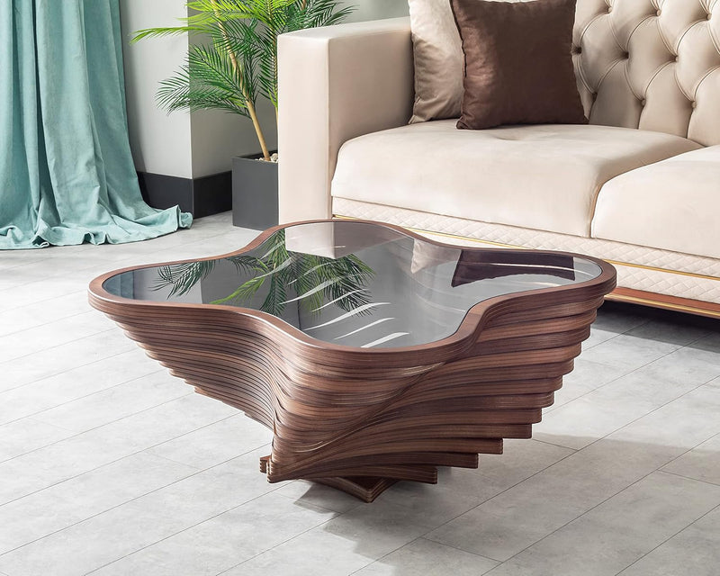 Design a modern coffee table - natural walnut veneer, tempered glass tabletop, layered wave shape, rustic wood, modern living room table, luxurious home and office decoration, central table in the living room. N3