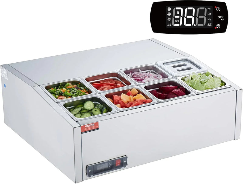 Refrigerated Condiment Prep Station, 135 W Countertop Refrigerated Condiment Station, with 2 1/3 Pans & 4 1/6 Pans, 304 Stainless Body and PC Lid, Sandwich Prep Table with Stainless Guard, ETL Y0