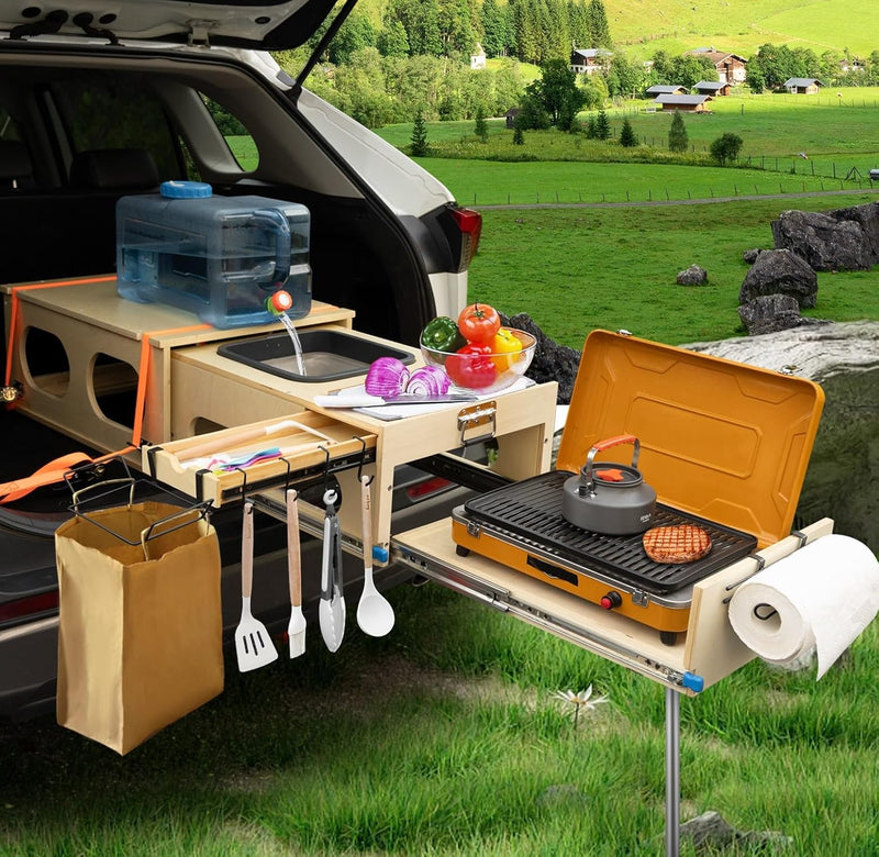 Ultimate Land Kitchen - A camping kitchen kit that combines functions of washing, chopping and cooking - Can be assembled in just 30 seconds - Perfect for land expeditions! O8