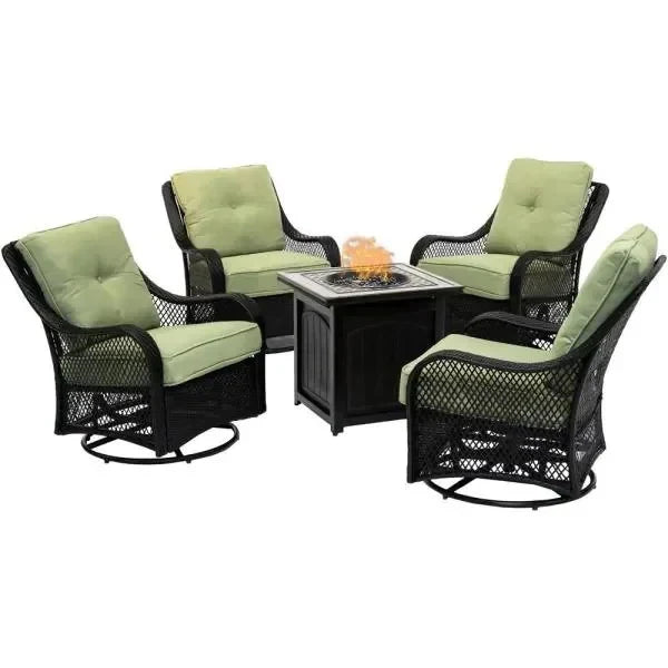5-Piece Steel Patio Fire Pit Conversation Set with Navy Blue Cushions, Swivel Gliders and Square Fire Pit Table Y7