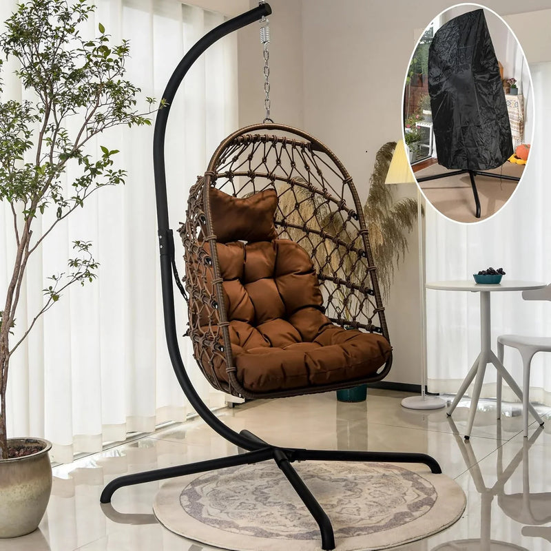 Indoor and outdoor egg-shaped rocking chairs with frames and covers, garden rattan hanging chairs, capacity 450 pounds, with UV-protective cushions, suitable for bedrooms, outdoor balconies, courtyards or living rooms (dark gray) L0