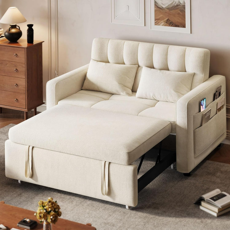 3-in-1 Convertible Sofa Bed, 55" Sleeper Sofa with Pull-Out Bed, Cat-Scratch-Proof Fabric Futon Couch with Adjustable Backrest and Side Pocket, Loveseat for Living Room Apartment, Grey F2