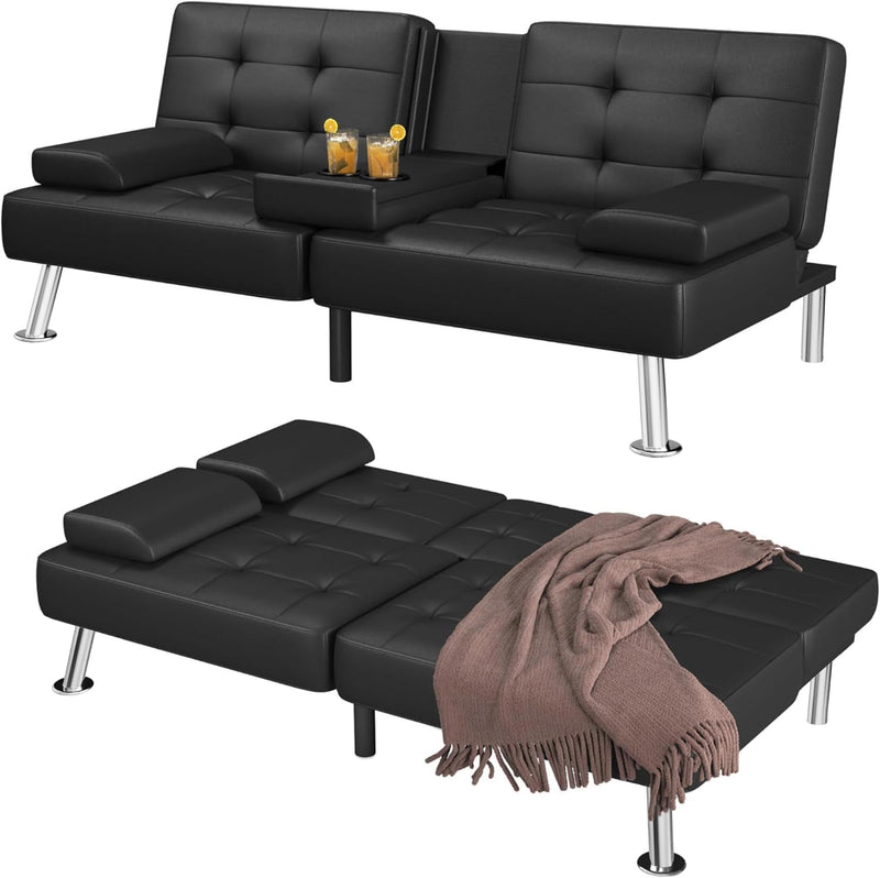 Futon Sofa Bed Convertible Folding Futon Set Modern Recliner Lounge for Small Room & Living Room with 2 Cup Holders, Removable Armrests (Artificial Leather, Black) V4