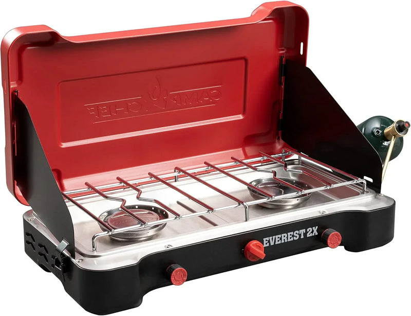 Camp Chef Mountain Series Everest 2X - High Output Two-Burner Camp Stove - Lid Doubles as Windscreen - Portable Cooking Stove - For Outdoor Cooking - 20,000 BTU Burners - 215 Sq In Cooking Area E0