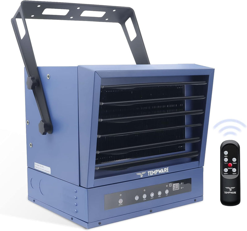 Electric Garage Heater, 7500-Watt Digital Fan-Forced Ceiling Mount Shop Heater with Full-Function Remote, 240-Volt Hardwired 12-Hour Timer, Ideal for Workshop Blue W5