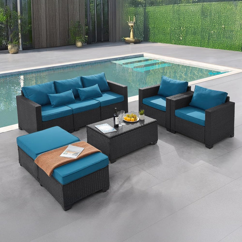 6 Pieces Outdoor Patio Furniture Sets with Furniture Cover, PE Rattan Wicker Patio Conversation Set with Tea Table (Peacock Blue, Rattan Storage Table) Q4