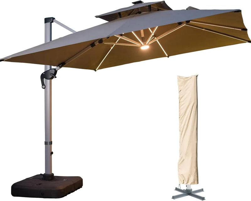 A 10-foot by 10-foot square cantilevered sunshade, equipped with a cross base and canopy, is included - a large heavy-duty outdoor sunshade, 360° rotating offset type, suitable for use in courtyards, backyard of swimming pools, terraces or gardens, i P5