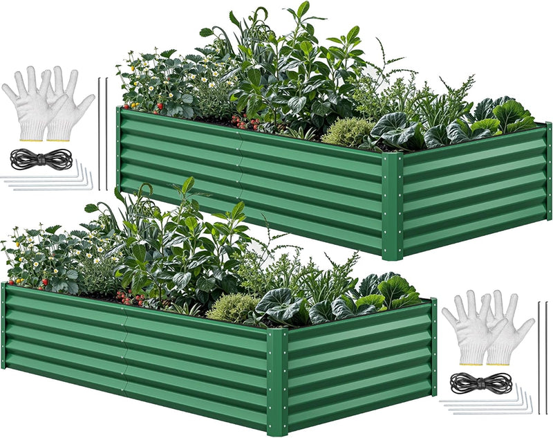 8x4x2ft 2pcs Large Raised Garden Bed Kit, Galvanized Metal Planter Box with Gloves, Ground Nails & Safety Rubber, Outdoor Above Ground Planters for Plants Vegetables Flowers, Green E5