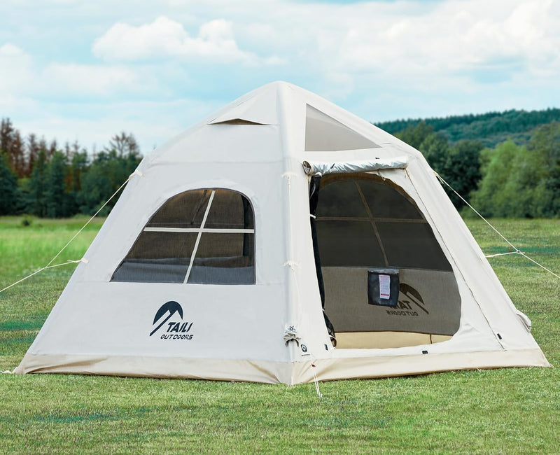Portable inflatable camping tent, equipped with a manual pump, suitable for 3/4/6 people, easy to set up, suitable for outdoor activities. This inflatable outdoor waterproof Oxford canvas tent is suitable for family camping and is suitable for adults D4