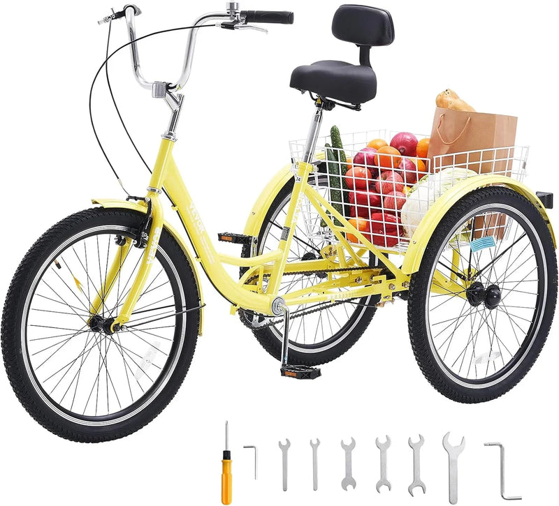 Adult tricycles, 20-inch tricycles, tricycle motorcycles, carbon steel leisure bicycles with baskets and adjustable seats, suitable for elderly, female and male picnic and shopping tricycles (yellow) Y2