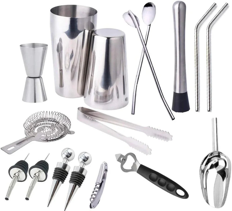 17pc Stainless Steel Cocktail Shaker Set Ice Strainer Clip Mixing Spoon Measure Cup Bar Tools Cocktail Set Can Opener Ice Shovel R5