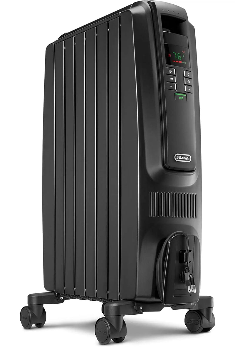 De'Longhi Oil Filled Radiator Space Heater, Quiet 1500W, Adjustable Thermostat, 3 Heat Settings, Timer, Energy Saving, Safety Features, White, Dragon TRD40615EBKCA, Black W7
