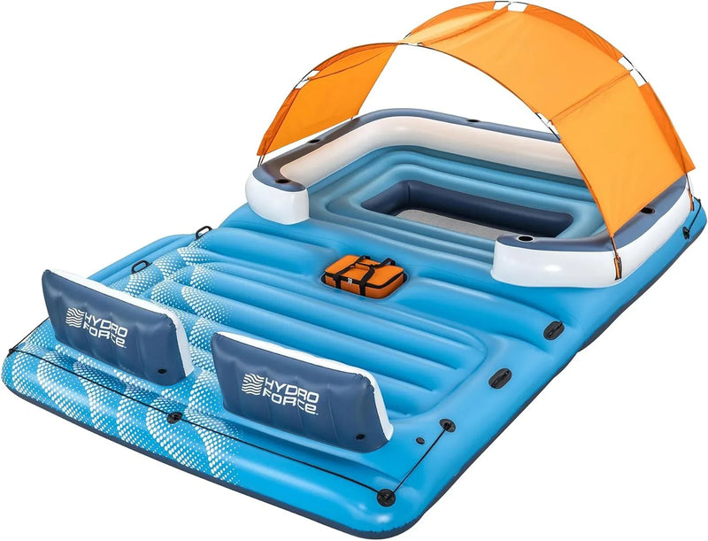 Tropical Breeze 6 Person Inflatable Party Island Large Relaxing Water Float with Detachable Sunshade and Cooler Bag Y9