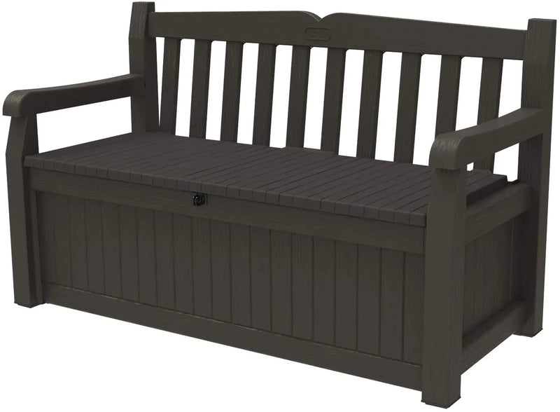 70 Gallon Storage Bench Deck Box for Patio Furniture, Front Porch Decor and Outdoor Seating -- Perfect to Store Garden Tools and Pool Toys, Brown Y0