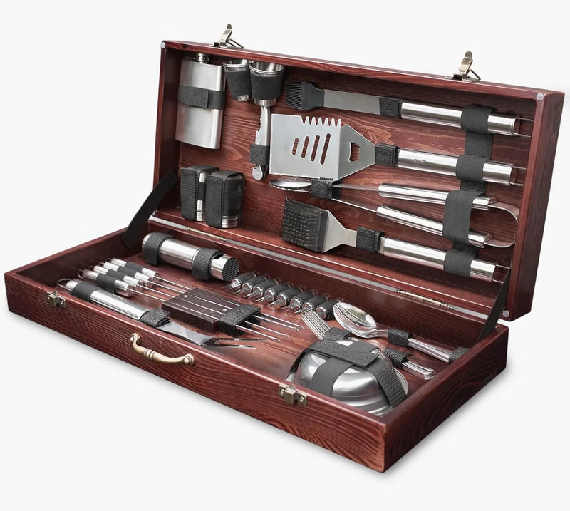 Outdoor Grill Accessories for Barbeque - Outdoor Grill Accessories for Barbeque - Premium Grill Tool Sets - Dark Wood Case Grilling Set - Griddle Accessories Kit - BBQ Gear I3