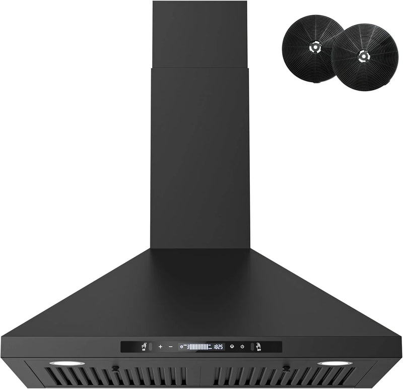 Wall-mounted black kitchen exhaust hood, 30 inches, 900 cubic feet per minute, built-in exhaust duct, three-speed exhaust fan, gesture/touch control, timer function, two baffles filters, stainless steel stove exhaust hood W0