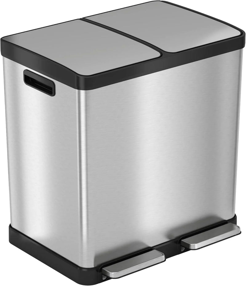 16-gallon contact-free trash and recycling bins, made of stainless steel, with a double compartment design (each compartment holds 8 gallons), suitable for recycling and waste disposal in the kitchen. K7
