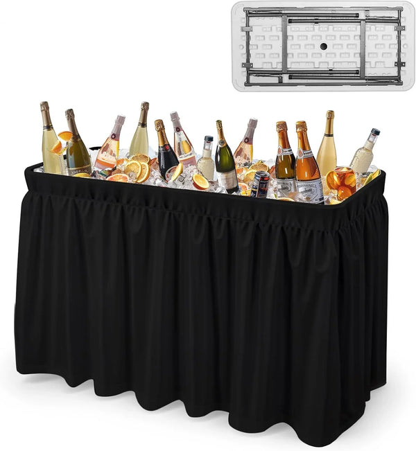 4 feet black ice crystal table, portable rear panel camping fishing cleaning table, plastic material with matching skirt, suitable for parties, barbecues, camping and picnics as an ice chest P1