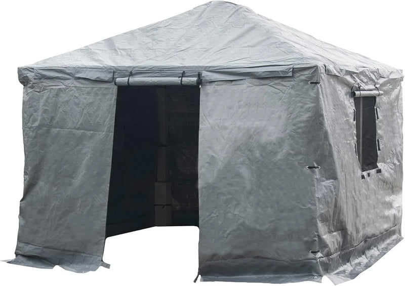 Universal winter tarpaulin, suitable for tall sunshades, used for storing barbecue grills and outdoor furniture, with fireproof and weather-resistant properties, measuring 10 feet by 12 feet, and in gray color. O0