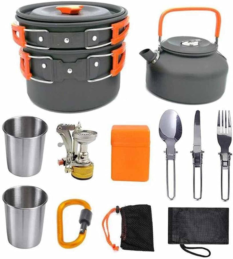 Camping cooking set - picnic cooking pot set - outdoor hiking and barbecue tableware set - camping travel supplies set including frying pan, water jug and stove Q5