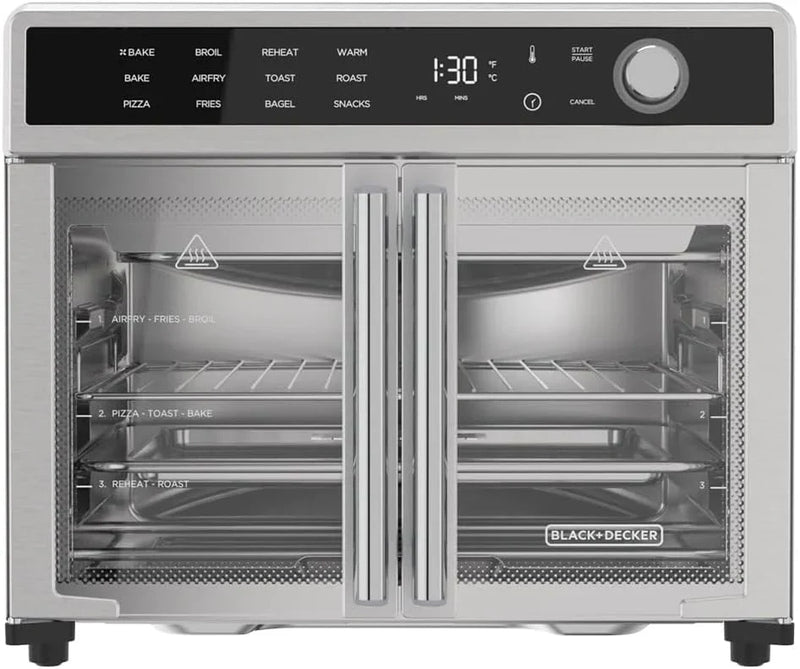 Crisp 'N Bake Air Fryer Toaster Oven Combo, 12 in 1 Countertop Convection Oven Cooks Food Fast, Fits a Whole Pizza or 6 Toast Slices, French Doors with Stainless Steel Finish E5