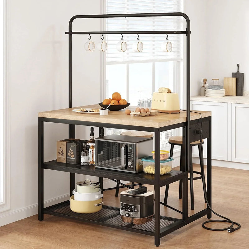 Kitchen Island, Kitchen Island with Storage, Bakers Rack, Island Table for Kitchen, Bakers Rack with Storage, Large Kitchen Island Table, Coffee Bar Table with Shelf,5 Racks,Pear Wood White N3