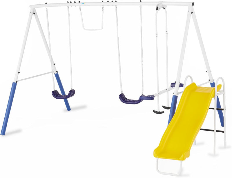 Recreation Blue Ridge Backyard Playground Set Sturdy Metal A Frame Swing with Chain Covers, Glider, Trapeze, 2 Swings, and Slide, Multicolor D2