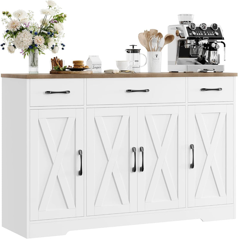 Drawer-equipped buffet-style cabinet, 55-inch large side cabinet-style storage unit with shelves and 4 doors, modern country-style coffee bar-style cabinet, wooden kitchen and dining room storage unit, white/rustic style V1