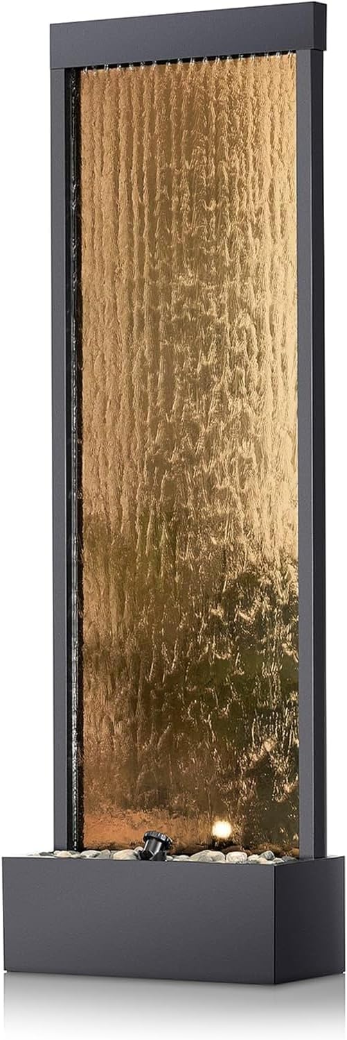 A mirror-floored waterfall fountain with stones and lights - suitable for offices, living rooms, terraces, entrances as a serene indoor/outdoor decoration - 48 inches (bronze color) N8