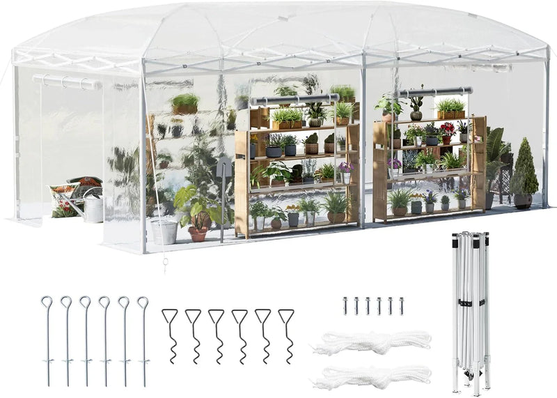 19.2×9.7×8.5 feet Outdoor upgraded retractable greenhouse with adjustable reinforced frame, portable walk-through greenhouse, equipped with 2 rollable zipped doors and mesh windows, PE shell, white M5
