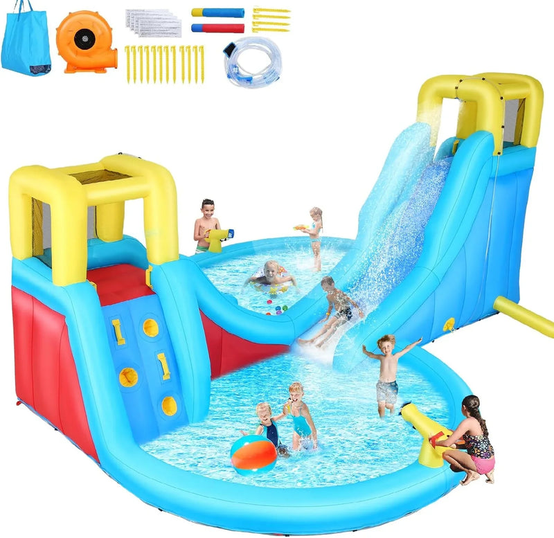 Inflatable Water Slide, 6 in 1 Outdoor Inflatable Water Park with Climbing, Basketball Rim, Splash Pool, Water Cannon, Blow up Water Slides for Kids Backyard W2