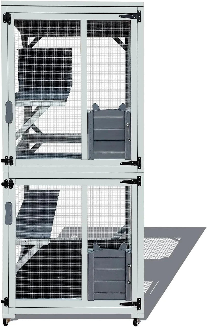 62.6-inch wooden outdoor cat house, large cat cage room, equipped with 7 platforms, 2 rest boxes and a rainproof roof, suitable for multiple pets to use. Step-in cat apartment shelter, white model G1
