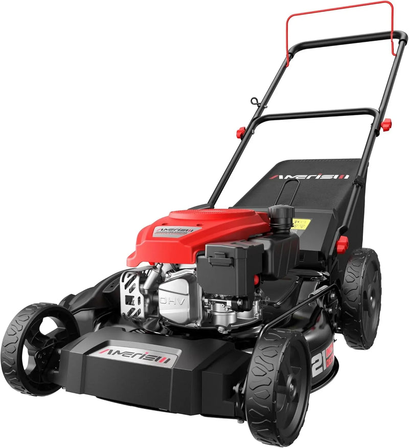 21" Steel Deck Gas Lawn Mower, Heavy-Duty 3-in-1 Push Mower, 144cc 4-Stroke Engine, 6-Position Height Adjustment, Large 1.4 Bushel Grass Catcher, Durable & Efficient for Yard & Garden J2