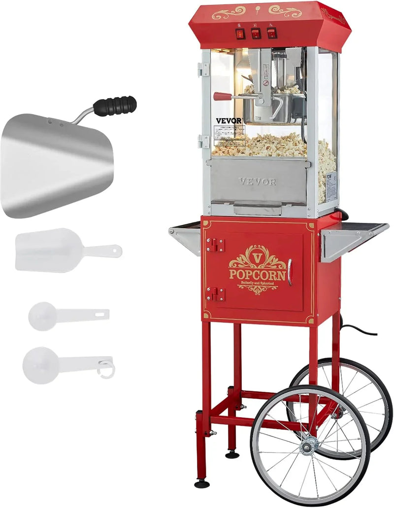 Popcorn machine, 12-ounce pot capacity, 1440-watt countertop popcorn machine, can produce 80 cups per batch, cinema-style popcorn machine, equipped with 3 switches for control, steel frame, tempered glass door, 1 pot, 2 spoons, red version L0