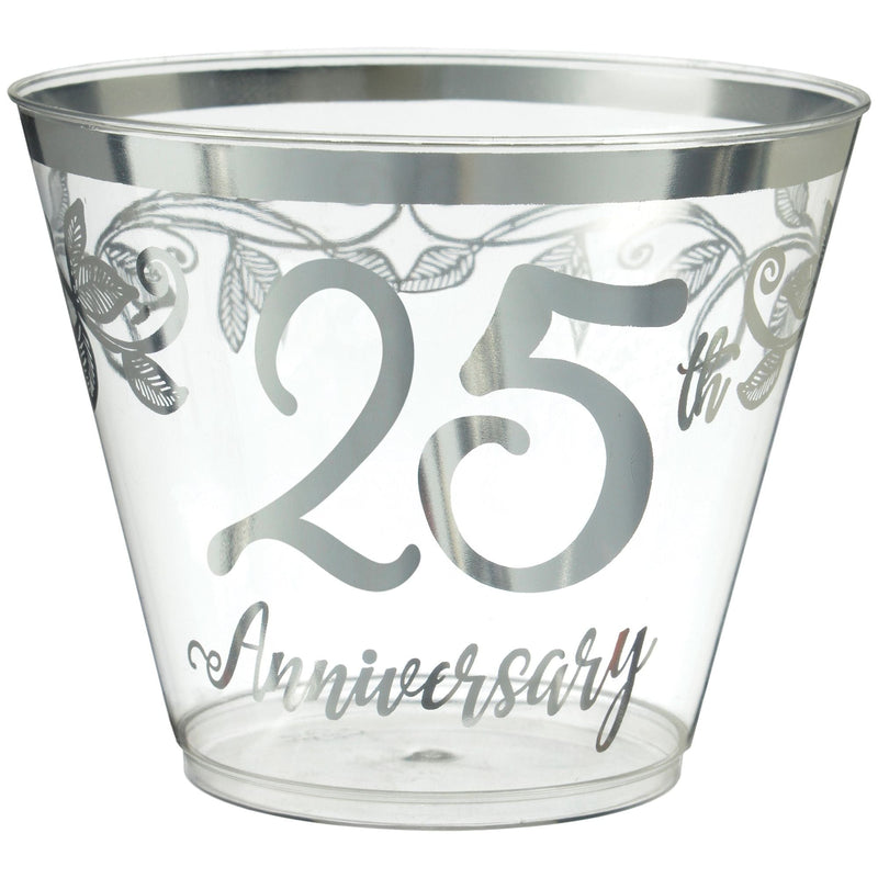 "25th Anniversary" Bordered Trimmed Plastic Reusable Tumbler Cups, Clear/Silver, 9-oz, 30-pk, for Anniversary Party L0