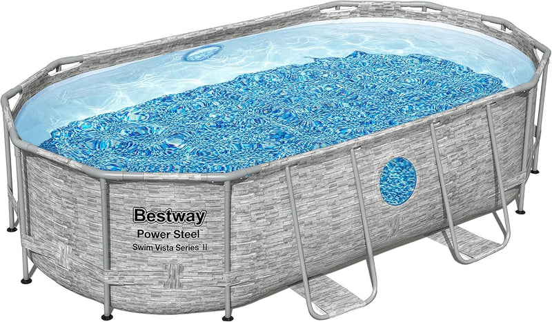 The robust steel swimming pool "Horizon Series II" - a 14 feet x 8 feet 2 inches x 39.5 inches outdoor above-ground pool package, equipped with a 530 liter/minute filtration pump, ladder and pool cover. U0