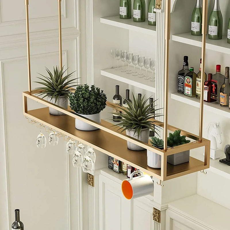Wall Mounted Wine Rack for Bars & Restaurants Gold Metal Hanging Storage for Wine Bottles & Stem Glasses Perfect for Dining Room & Kitchen Decor Space Saving Design A9