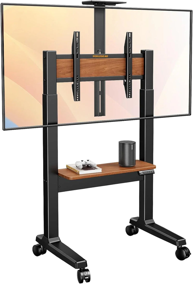 Motorized Mobile TV Stand on Wheels for 37–86 Inch TVs up to 154 lbs, Electric Height Adjustable Rolling TV Stand, VESA 200x200–600x400mm, Wooden Shelf & Panel, PGTVMC26B G7