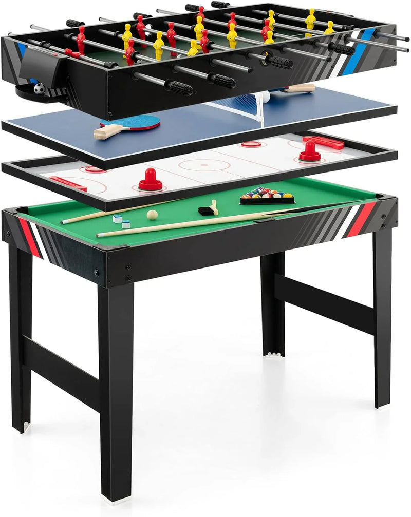 The multi-functional game table integrates a football table, a billiards table, an air curling table and a table tennis table. It is an ideal combination game table for a family game room. R4
