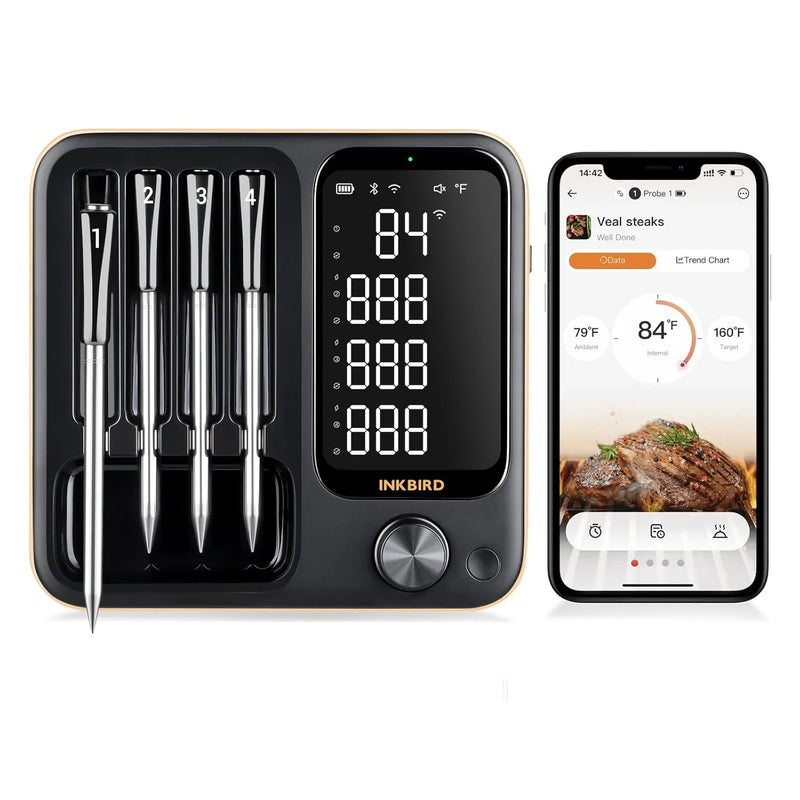 True wireless meat thermometer, equipped with 4 probes, Bluetooth meat thermometer, with backlit LCD display, Wi-Fi-enabled smart food thermometer, rechargeable, suitable for barbecue grills, charcoal grills, ovens, and rotating barbecue racks. J2