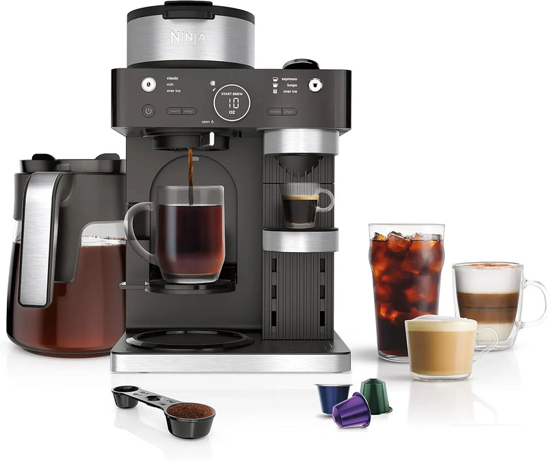 Italian espresso machine and coffee-making system, featuring three espresso brewing modes, supporting single-portion coffee and Nespresso capsules, with a built-in frother, capable of making Italian espresso, cappuccino and latte. Black style. E1