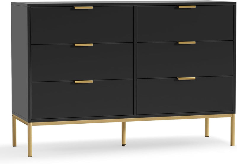 Black Dresser for Bedroom, Modern 6 Drawer Dresser, Chest of Drawers Closet Organizers and Wood Storage Clothes, White Dresser with Golden Handles for Living Room, Hallway T4