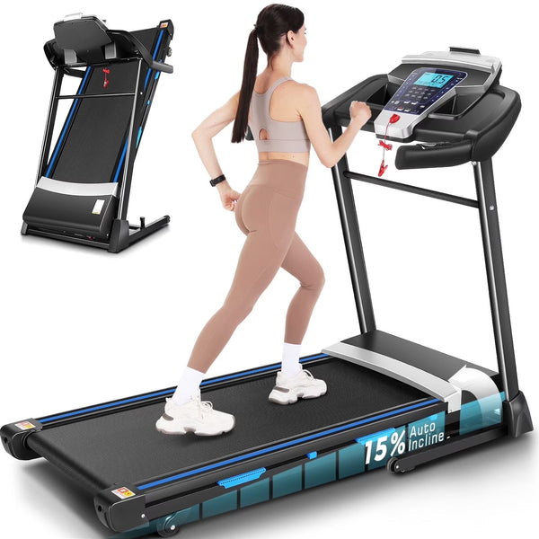 ANCHEER Folding Treadmill with 15% Auto Incline,3.25HP Ultra-silent Motor, Speed Range of 0.6~10MPH,300lb Capacity, APP Bluetooth... R8
