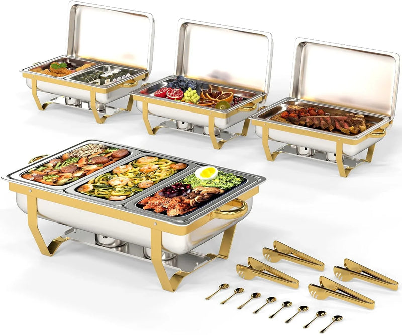 4 Pack Stainless Steel Chafing Dishes for Buffet, 9 QT Capacity 7 Pans Food Warmers for Parties, Weddings, Events Hosting, Family Gatherings, Full Set Catering Server with Serving Utensils Accessories R3